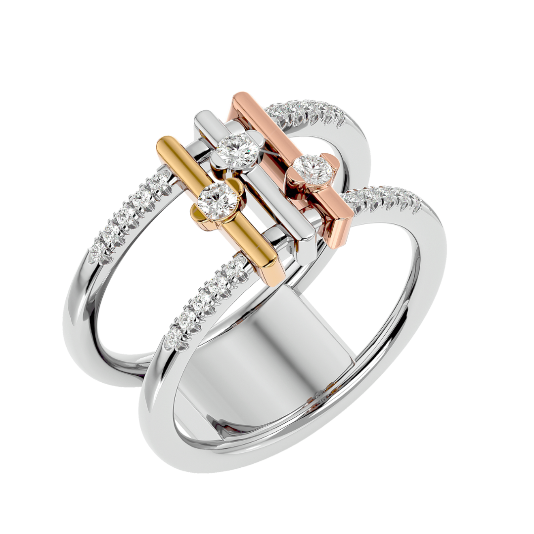 Elegant three tone gold ring with dazzling diamonds, perfect for everyday luxury